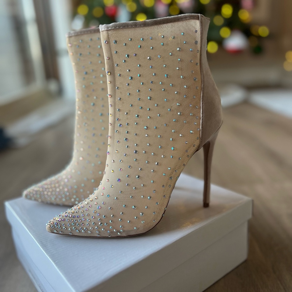 Beige Crystal-Embellished Pointed Toe Stiletto Booties - New without tag!
